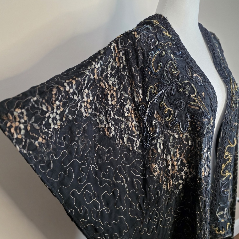 Chico's Kimono Wrap Women One Size Black Gold Embroidered Sequin Sheer Boho Chic - Picture 4 of 14